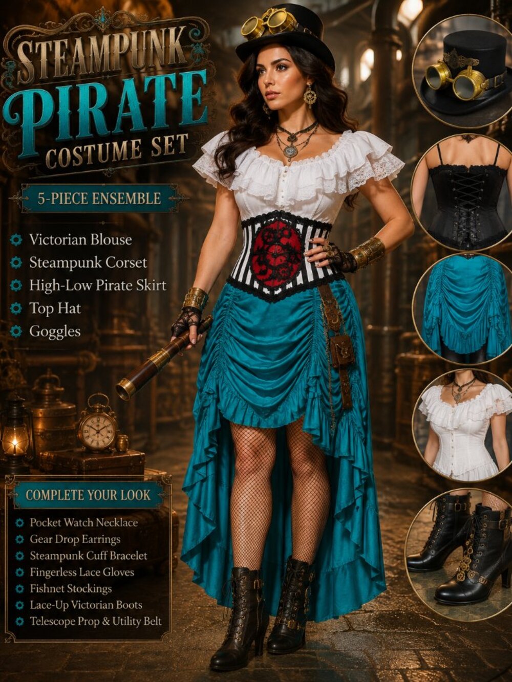HALLOWEEN: Steampunk Victorian Pirate Costume 5-Piece Set Turquoise Black White